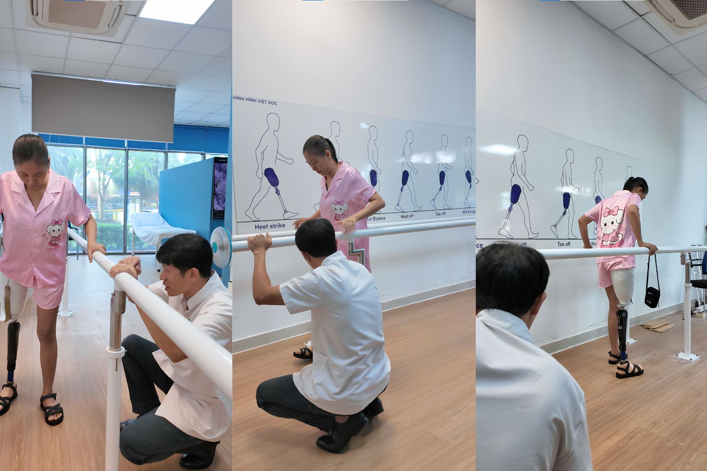 Chuyên gia Đào Đức hướng dẫn chị Dung tập đi chân giả trên gối